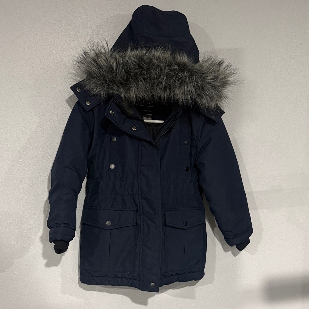 Kids Navy Blue Fur-Trimmed Hooded Jacket
